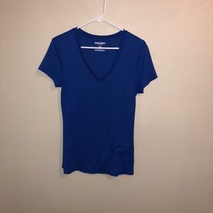 blue v-neck shirt
